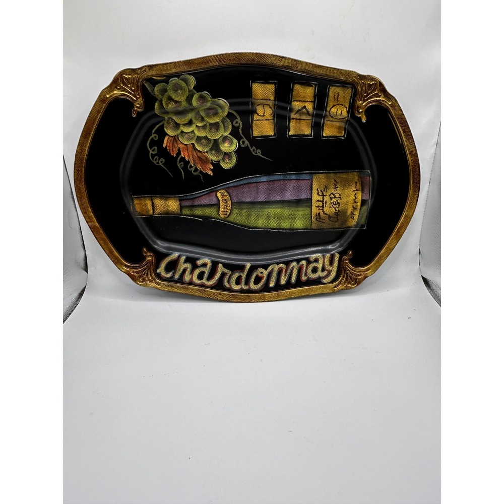 Tam San Designs Hand Painted Chardonnay Wine Grapes‎ Decorative Tray Black Gold